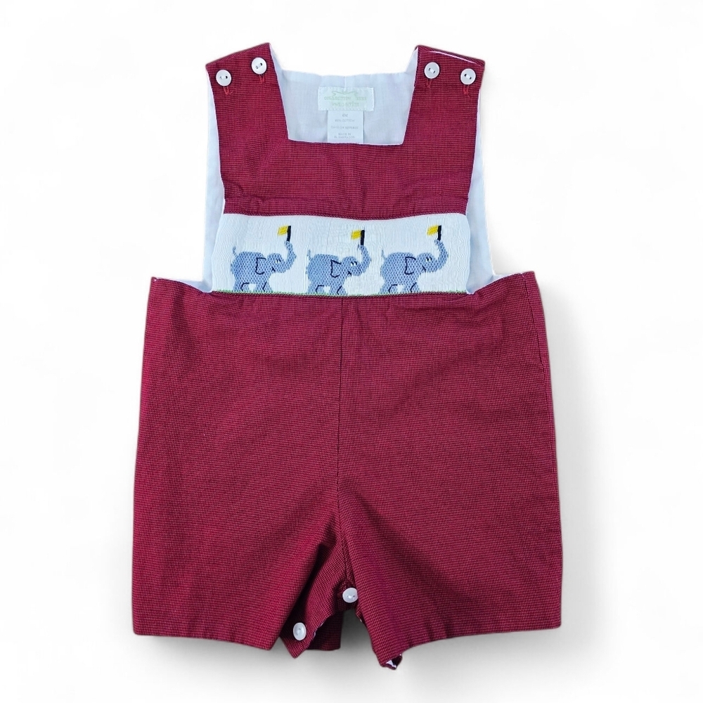 🐘 Collection Bebe Smocked Red Houndstooth Elephant Overalls Romper – Size 6M